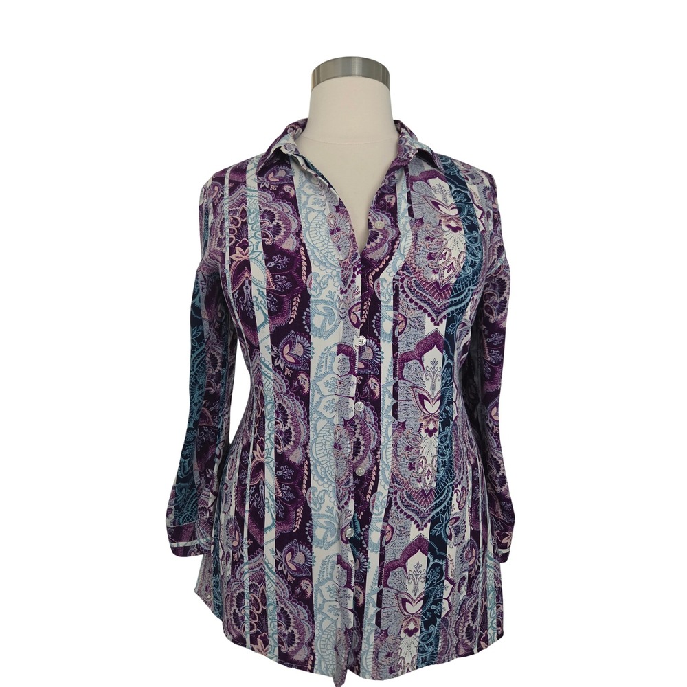 Chico's Button Down Shirt Women Size 2 Purple Paisley Print Tunic Excellent